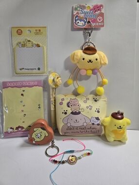 8 piece Pompompurin Bag Charm, Key Chain, Note Pad Pen Sanrio Lot - NWT